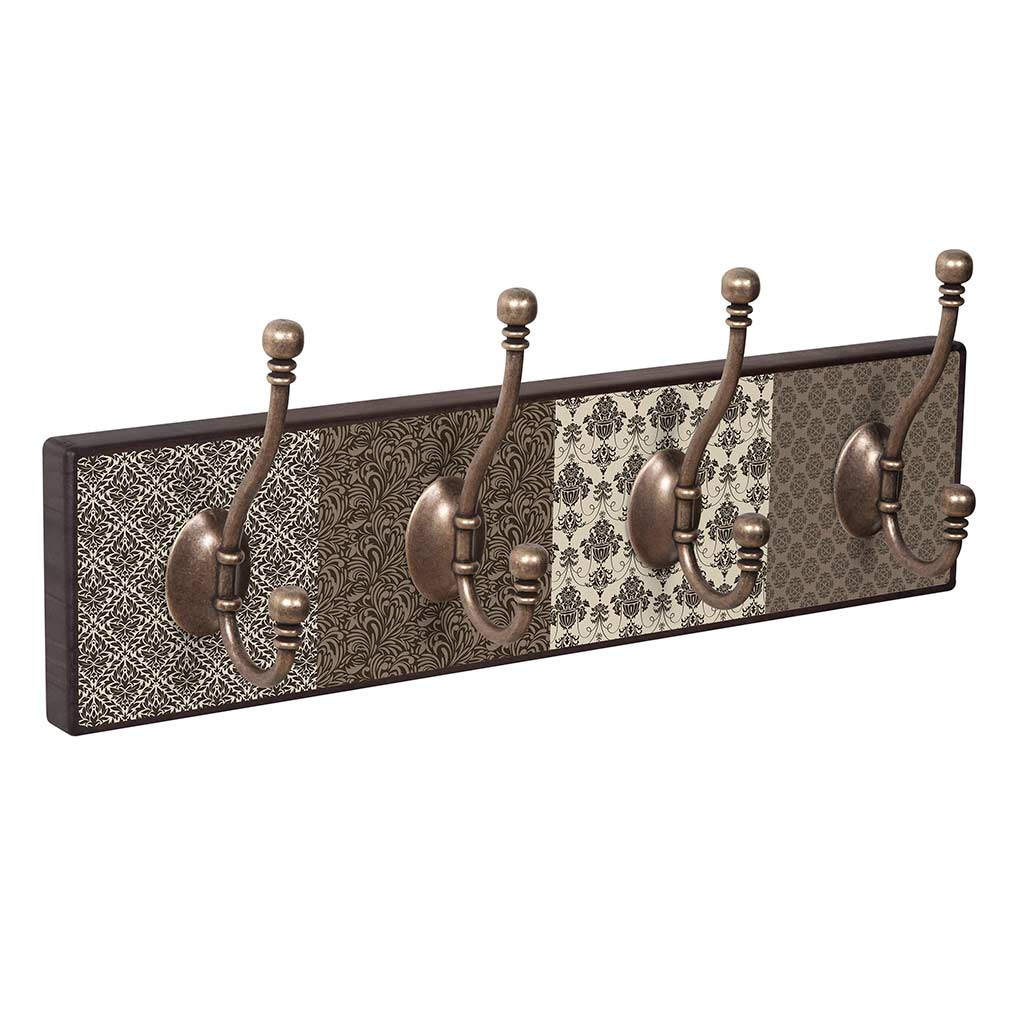 Wandkapstok Patchwork van walnoot hout met 4 dubbele metalen haken