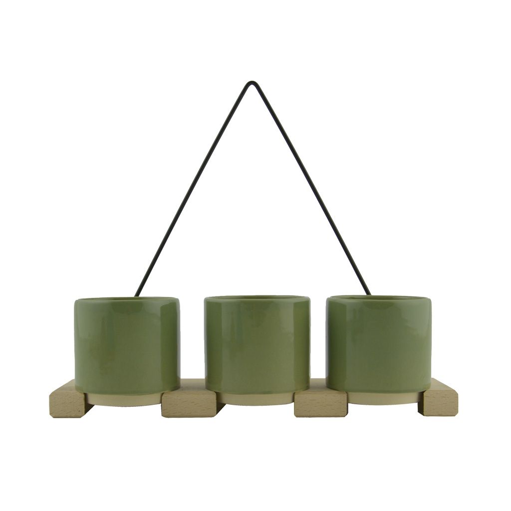 Plantenhanger - Hout - Metaal - 3 Bloempotjes - Groen