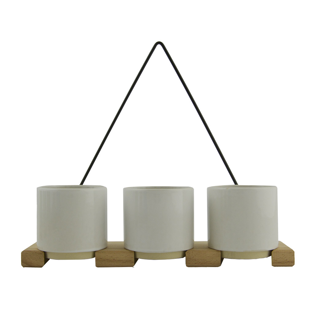 Plantenhanger - Hout - Metaal - 3 Bloempotjes - Wit
