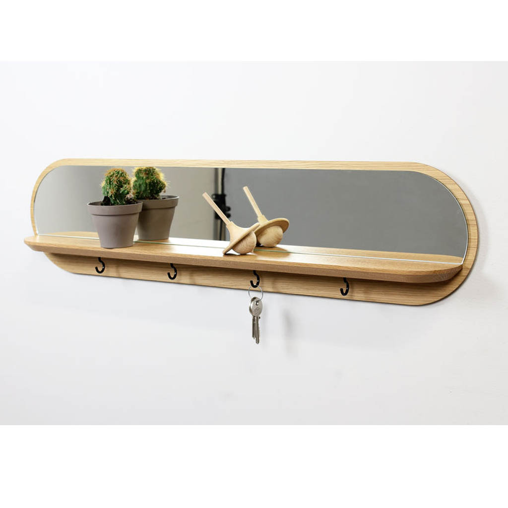 Spiegel wandplank maanlicht van massief Eiken met 4 haakjes RMdesign B 70 x H 17 cm - Afbeelding 5
