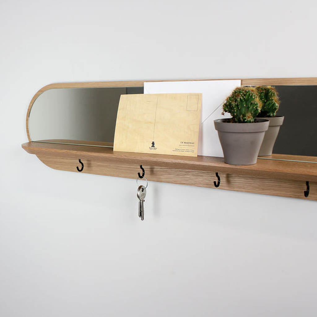 Spiegel wandplank maanlicht van massief Eiken met 4 haakjes RMdesign B 70 x H 17 cm - Afbeelding 4