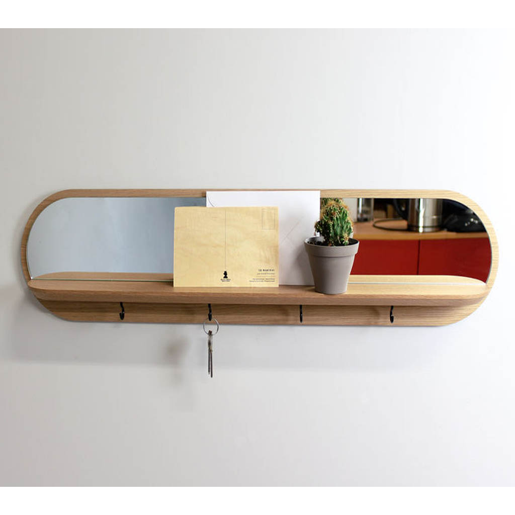 Spiegel wandplank maanlicht van massief Eiken met 4 haakjes RMdesign B 70 x H 17 cm - Afbeelding 3