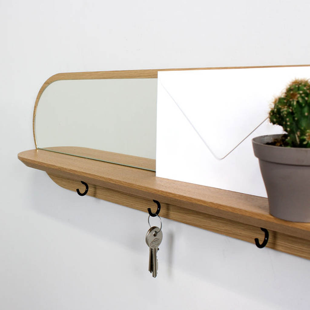 Spiegel wandplank maanlicht van massief Eiken met 4 haakjes RMdesign B 70 x H 17 cm - Afbeelding 2