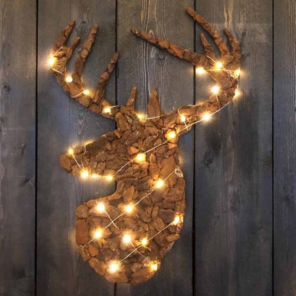 Wanddecoratie Hertenhoofd Frans dennenschors inclusief lichtsnoer 40 lichtjes - Afbeelding 3