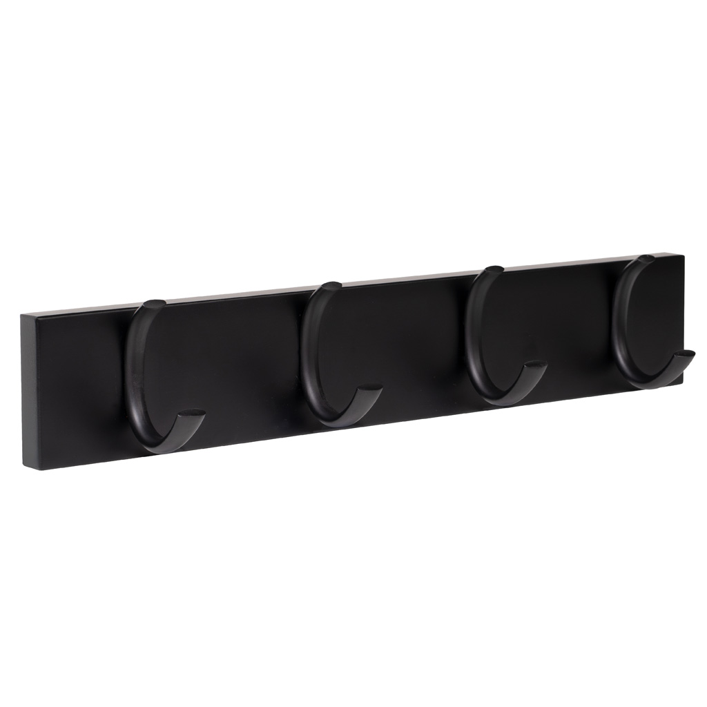 Wandkapstok zwart met 4 half ronde zwarte dubbele haakjes - 40 x 7 x 5,6 cm