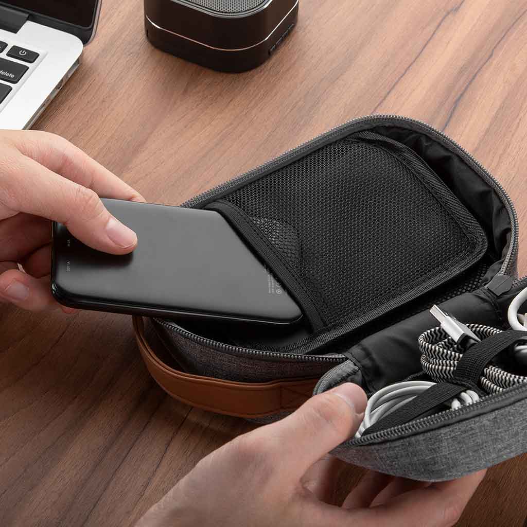 Tasje voor gadgets grijs met bruin handvat - Afbeelding 3