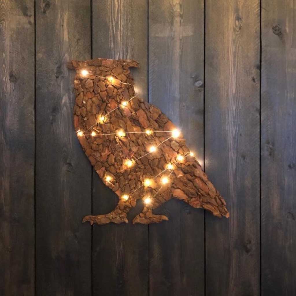 Wanddecoratie - Silhouet - Uil - Frans dennenschors - Inclusief lichtsnoer 40 lichtjes - Afbeelding 3